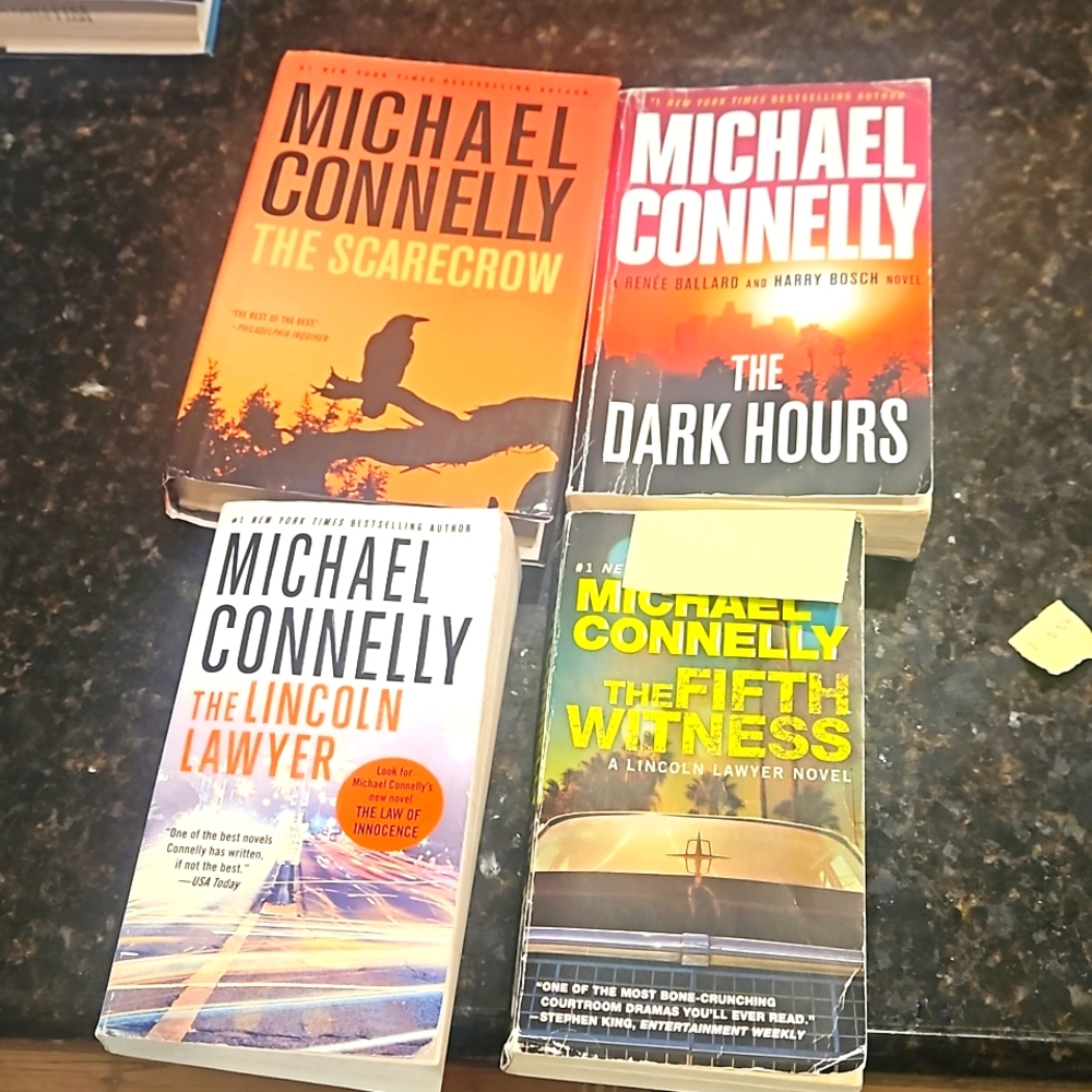 Michael Connelly books: Scarecrow,  Lincoln Lawyer,  Dark Hours. Fifth Witness